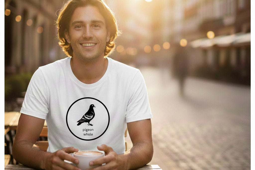 Man wearing Pigeon Whole tee